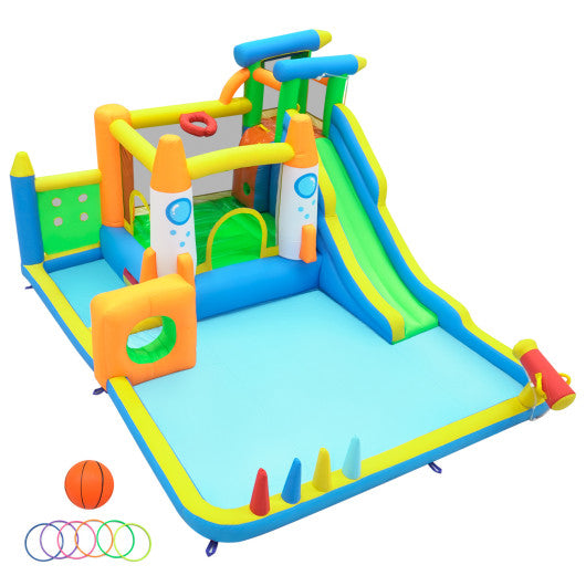 10-in-1 Inflatable Bounce House with Water Slide for Kids without Blower