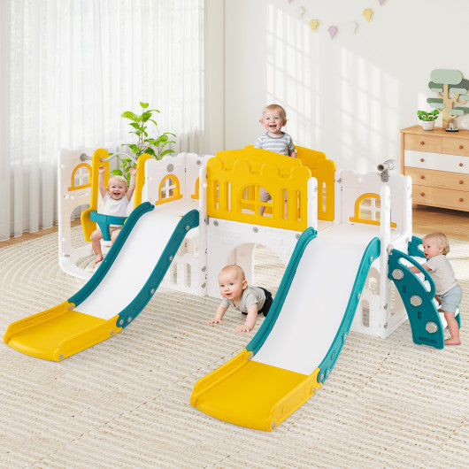 10-in-1 Toddler Slide and Swing Set with Double Slides and Tunnel-Yellow