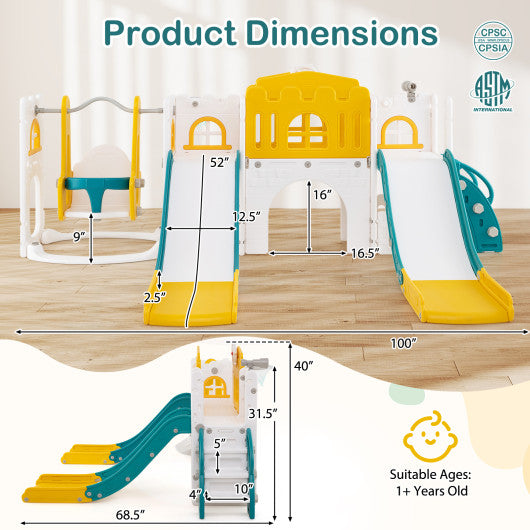 10-in-1 Toddler Slide and Swing Set with Double Slides and Tunnel-Yellow