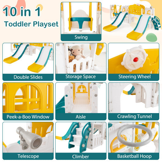 10-in-1 Toddler Slide and Swing Set with Double Slides and Tunnel-Yellow