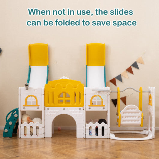10-in-1 Toddler Slide and Swing Set with Double Slides and Tunnel-Yellow