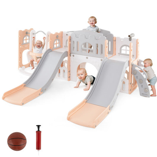 10-in-1 Toddler Slide and Swing Set with Double Slides and Tunnel-Pink