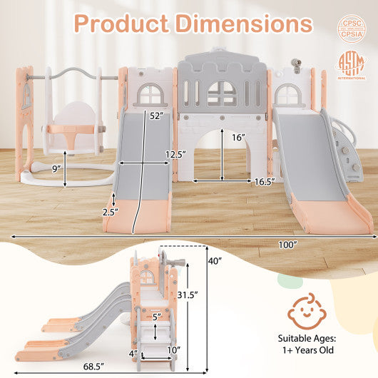 10-in-1 Toddler Slide and Swing Set with Double Slides and Tunnel-Pink