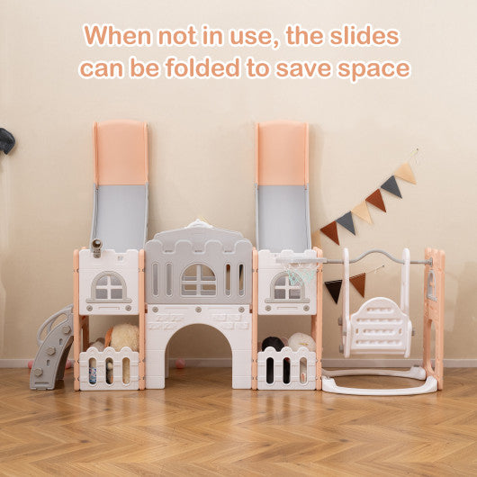 10-in-1 Toddler Slide and Swing Set with Double Slides and Tunnel-Pink