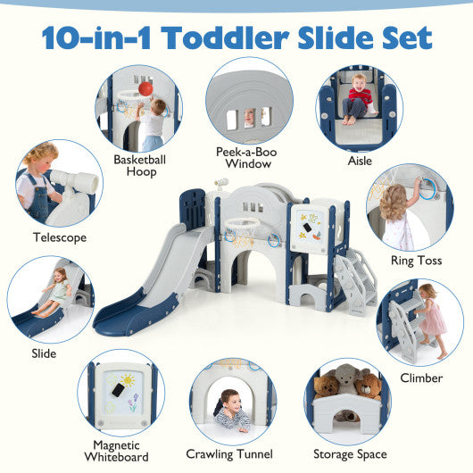 10 in 1 Toddler Slide Set Kids Slide and Climber Playset Indoor Playground-Blue