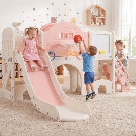 10 in 1 Toddler Slide Set Kids Slide and Climber Playset Indoor Playground-Pink