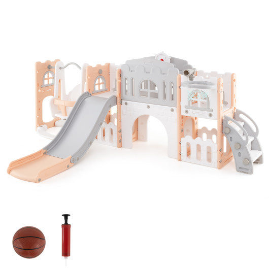 10-in-1 Toddler Swing and Slide Set Climber Playset with Basketball Hoop-Pink