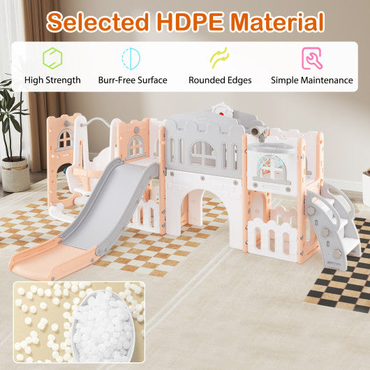 10-in-1 Toddler Swing and Slide Set Climber Playset with Basketball Hoop-Pink