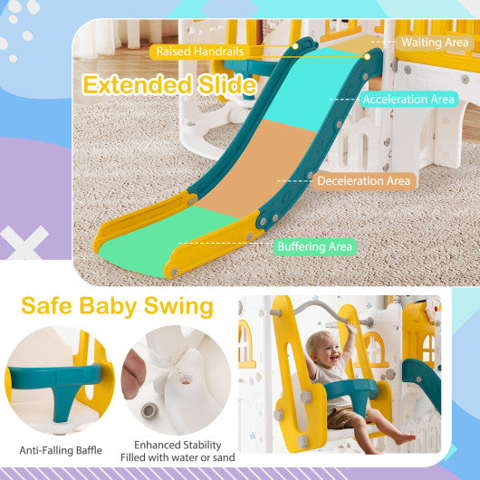10-in-1 Toddler Swing and Slide Set Climber Playset with Basketball Hoop-Yellow