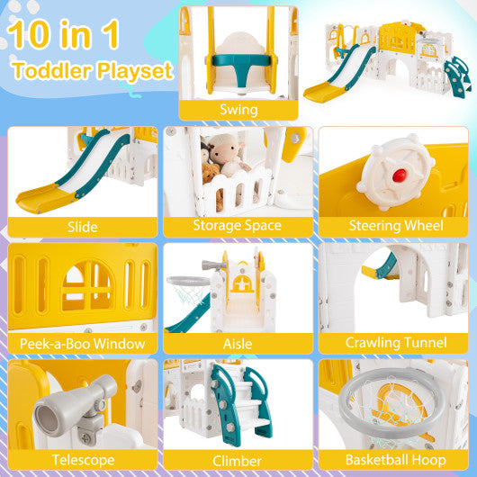 10-in-1 Toddler Swing and Slide Set Climber Playset with Basketball Hoop-Yellow