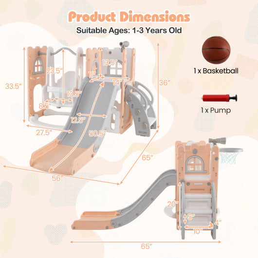 7-in-1 Toddler Swing and Slide Set L-shaped with Ladder and Basketball Hoop-Pink