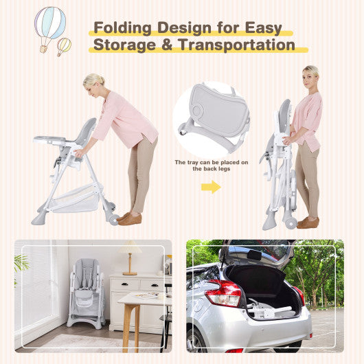 Baby Convertible Folding Adjustable High Chair with Wheel Tray Storage Basket-Gray