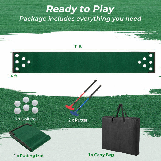 11 FT Indoor Outdoor Putting Green Mat with 2 Adjustable Putters and 6 Balls