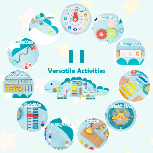 11-in-1 Dinosaur Activity Wall Busy Board Panels for Toddlers Education and Early Development-Blue