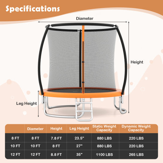 12FT Outdoor Trampoline Heavy-Duty Recreational Trampoline with Safety Enclosure Net-Orange