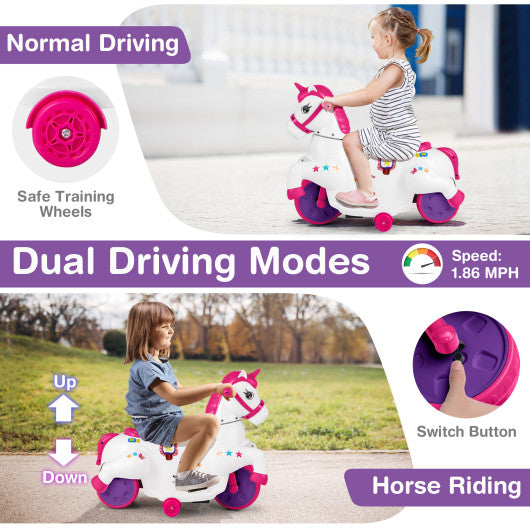 12V Unicorn Ride on Toy with Training Wheels and Horse Riding Mode-Rose Red