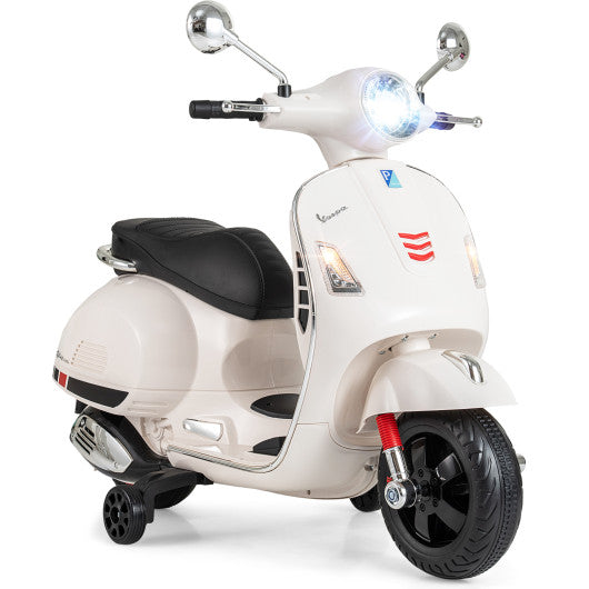 12V Kids Electric Motorcycle Licensed VESPA with Music and Training Wheels-White