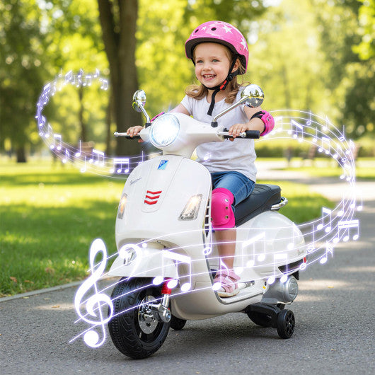 12V Kids Electric Motorcycle Licensed VESPA with Music and Training Wheels-White