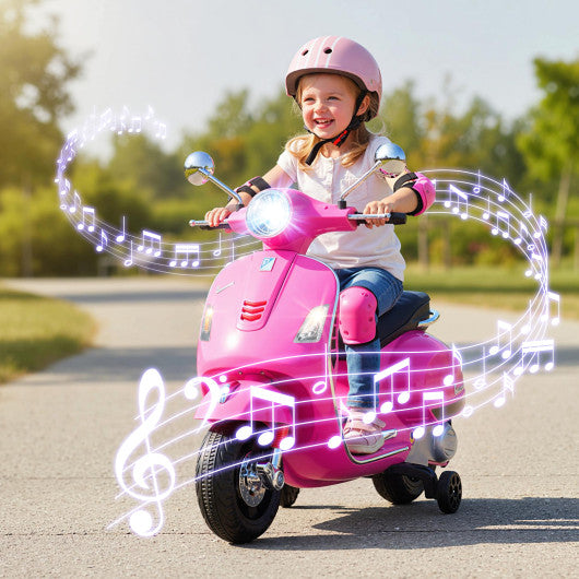 12V Kids Electric Motorcycle Licensed VESPA with Music and Training Wheels-Pink