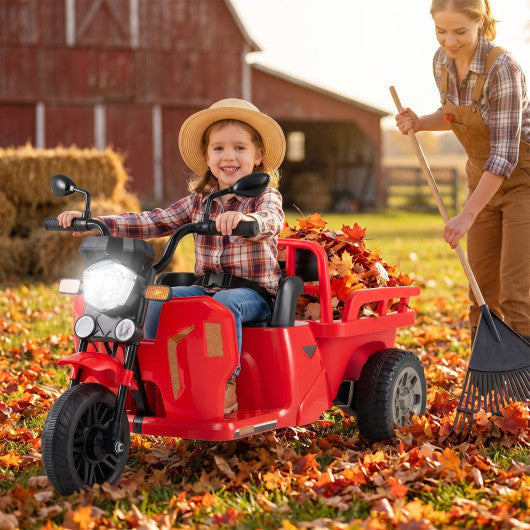 12V Kids Motorcycle with 3 Wheels and Trailer and Shovel Ride On Tractor-Red