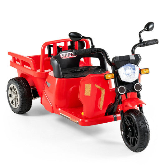 12V Kids Motorcycle with 3 Wheels and Trailer and Shovel Ride On Tractor-Red