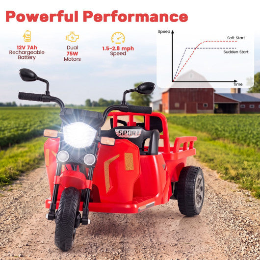 12V Kids Motorcycle with 3 Wheels and Trailer and Shovel Ride On Tractor-Red