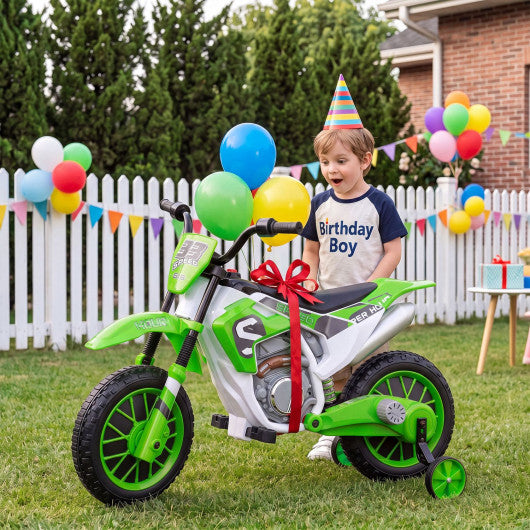 12V Kids Motorcycle with Training Wheels and Spring Suspension-Green