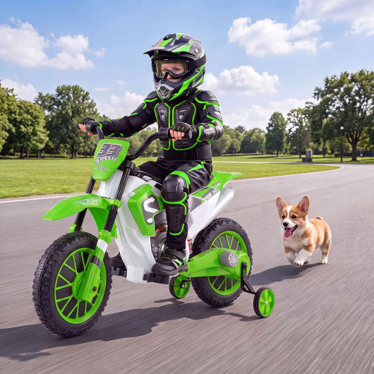 12V Kids Motorcycle with Training Wheels and Spring Suspension-Green