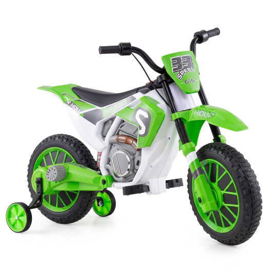 12V Kids Motorcycle with Training Wheels and Spring Suspension-Green