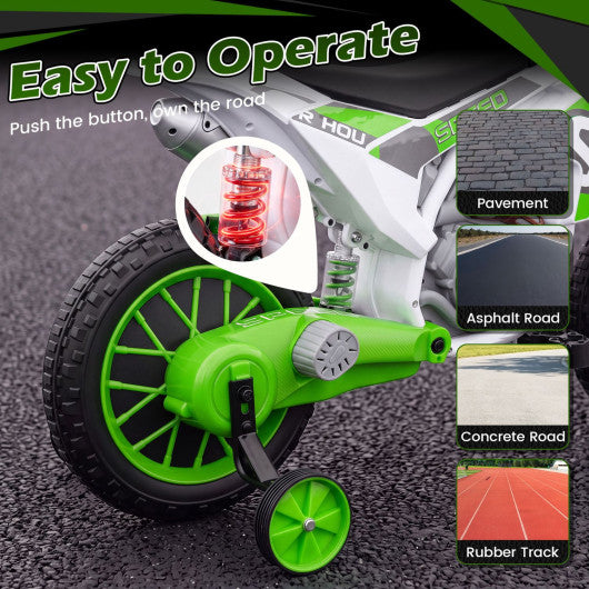 12V Kids Motorcycle with Training Wheels and Spring Suspension-Green