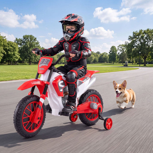 12V Kids Motorcycle with Training Wheels and Spring Suspension-Red