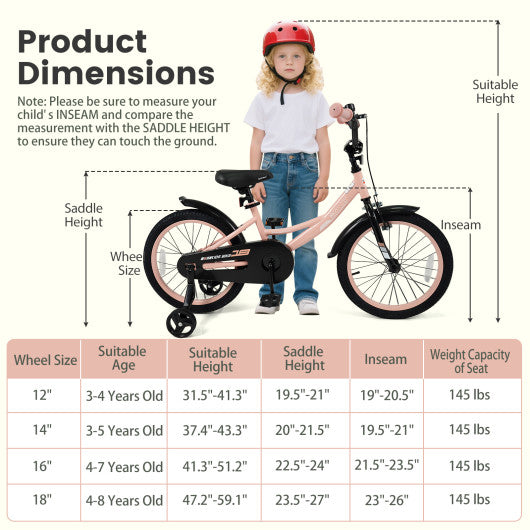 12/14/16/18 Inch Kids Bike Adjustable with Removable Training Wheels Pink for 3-8 Years Old-18 inches