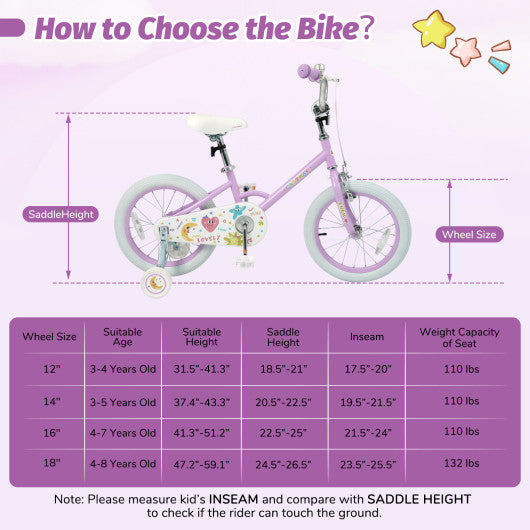 12/14/16/18 Inch Kids Bike Adjustable for 3-8 Years Old Children Purple - Stars & Moon-16 inch