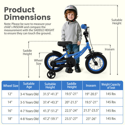 12/14/16/18 Inches Kids Bike with Removable Training Wheels and Adjustable Seatfor 3-8 Years Old Navy-12 inches