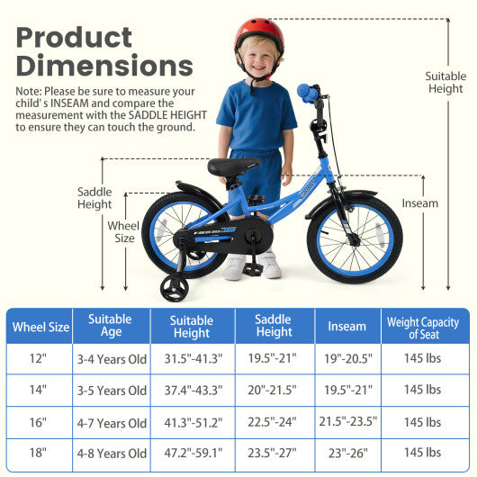 12/14/16/18 Inches Kids Bike with Removable Training Wheels and Adjustable Seatfor 3-8 Years Old Navy-16 inches