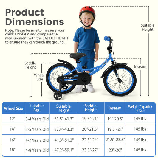 12/14/16/18 Inches Kids Bike with Removable Training Wheels and Adjustable Seatfor 3-8 Years Old Navy-18 inches
