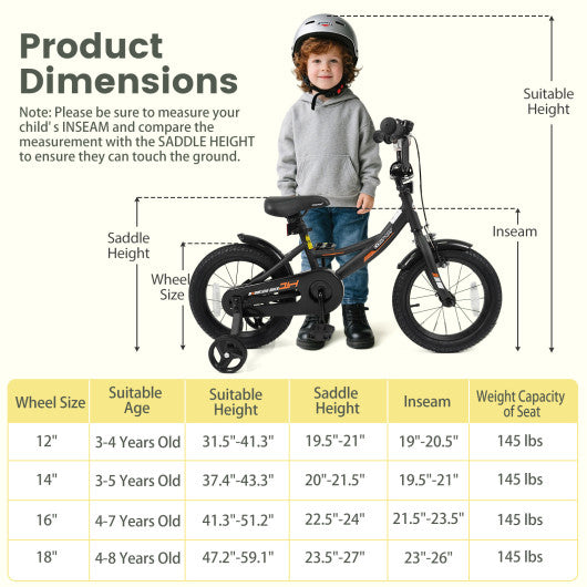 12/14/16/18 Inches Kids Bike with Removable Training Wheels and Adjustable Seatfor 3-8 Years Old Black-14 inches