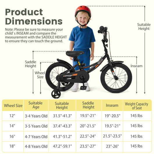 12/14/16/18 Inches Kids Bike with Removable Training Wheels and Adjustable Seatfor 3-8 Years Old Black-16 inches