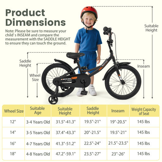 12/14/16/18 Inches Kids Bike with Removable Training Wheels and Adjustable Seatfor 3-8 Years Old Black-18 inches