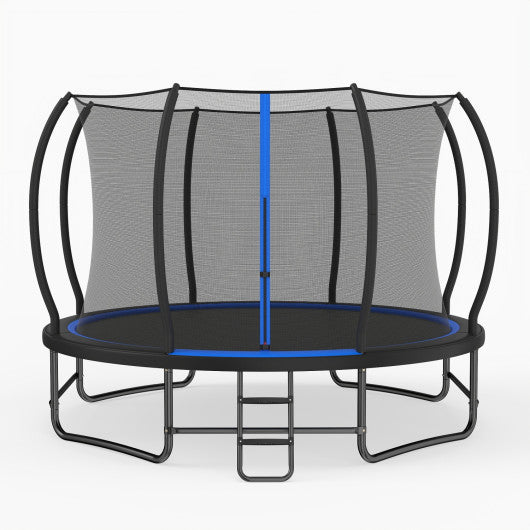 12 FT Outdoor Recreational Trampoline with Enclosure Net and 4 Stabilizer Bars for Backyard-Blue