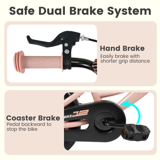 12 Inch Kids Bike Adjustable with Removable Training Wheels Pink for 3-8 Years Old