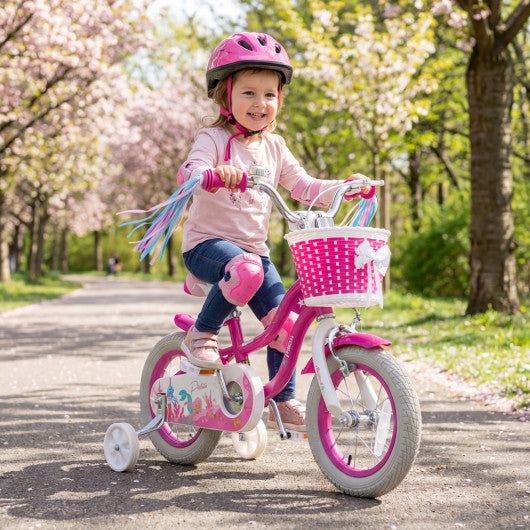 12-Inch Kids Bike Adjustable with Basket and Streamers Rose Red - Princess of the Sea Theme