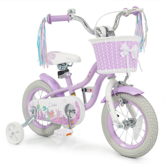 12 Inch Kids Bike Adjustable with Basket and Streamers Purple - Princess of the Sea Theme