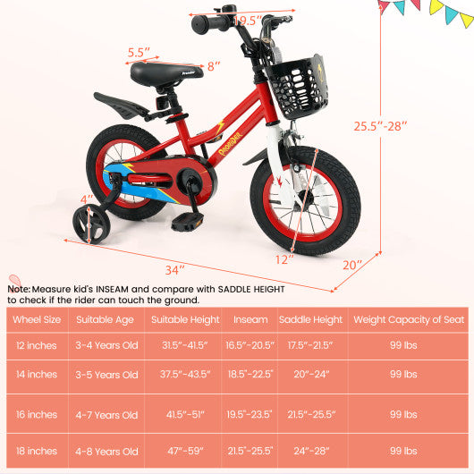 12 Inch Kids Bike Children Bicycle with Training Wheels for 3-4 Years Old-Red