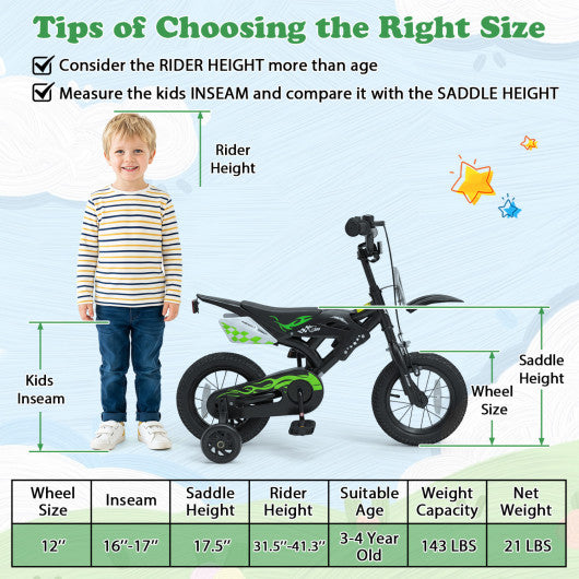 12 Inch Kids Bike Motorcycle-Inspired for Boy Girl Ages 3-4 Years-Black