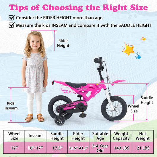 12 Inch Kids Bike Motorcycle-Inspired for Boy Girl Ages 3-4 Years-Pink