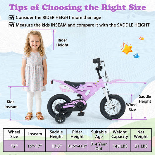 12 Inch Kids Bike Motorcycle-Inspired for Boy Girl Ages 3-4 Years-Purple