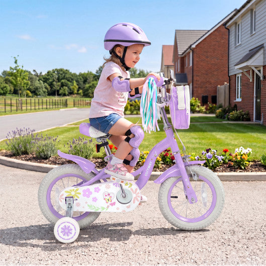 12 Inches Girls Bike with Front Bag and Streamers for 3-4 Years Purple