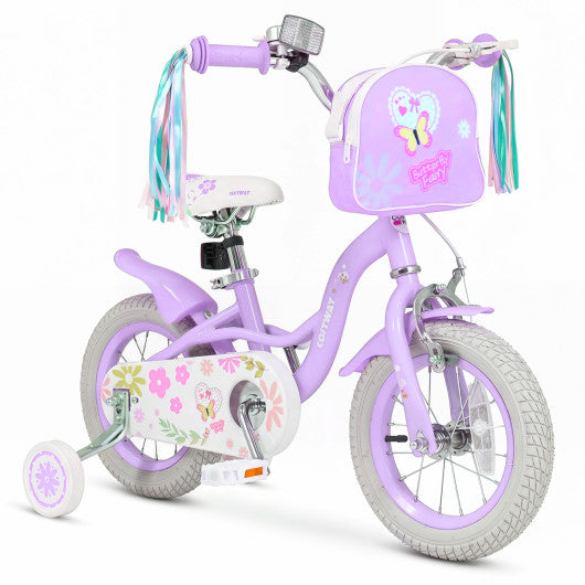 12 Inches Girls Bike with Front Bag and Streamers for 3-4 Years Purple