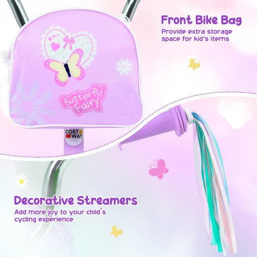 12 Inches Girls Bike with Front Bag and Streamers for 3-4 Years Purple